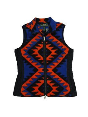 Lauren Ralph Lauren Fleece Vest M Southwest Aztec Geometric Full Zip Blue Orange